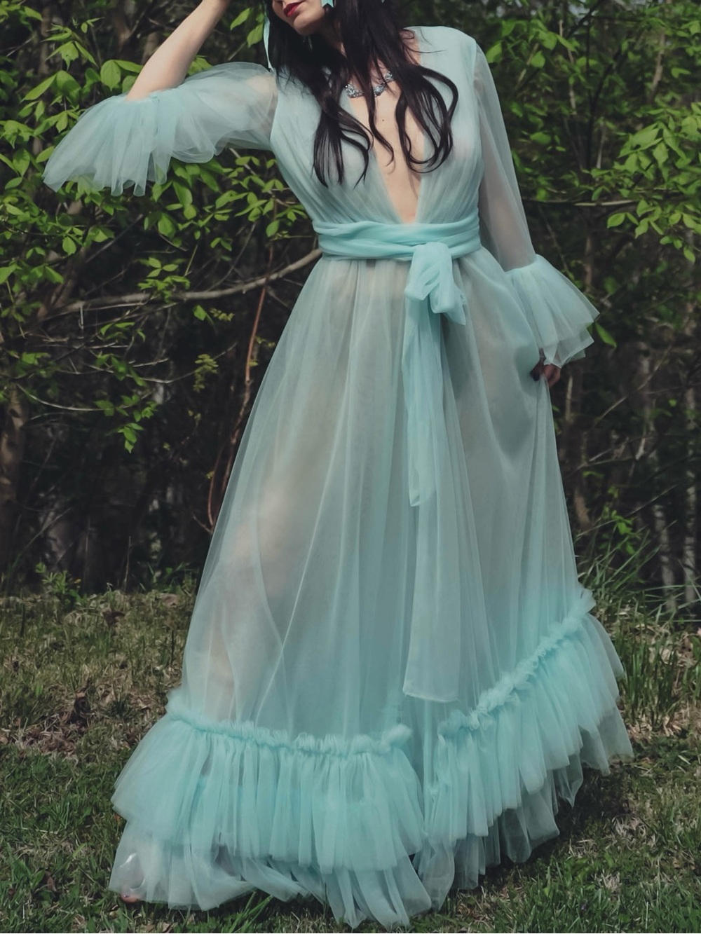 Anthropologie Sheer Tulle Maxi Dress in Pale Aqua